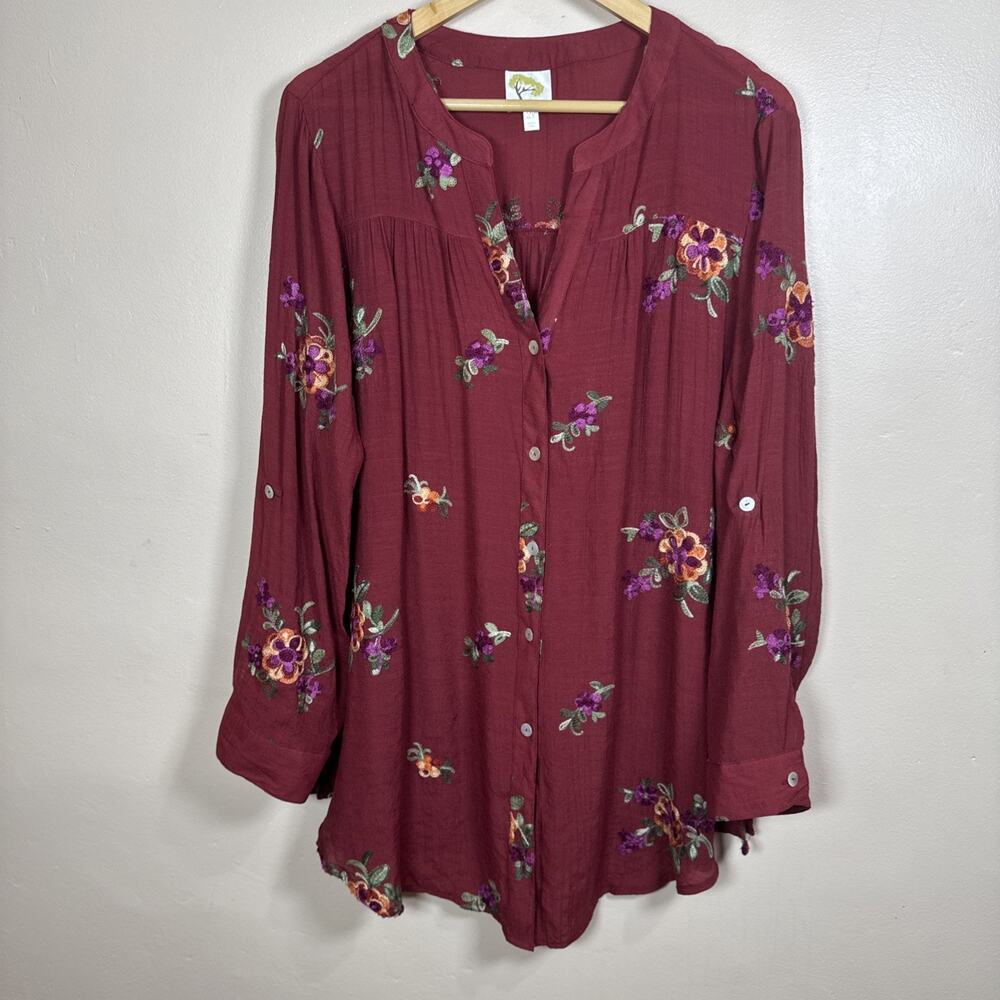 Fig And Flower Womens Plus Size Blouse Top Floral Embroidered 2X Boho Roll Tab
